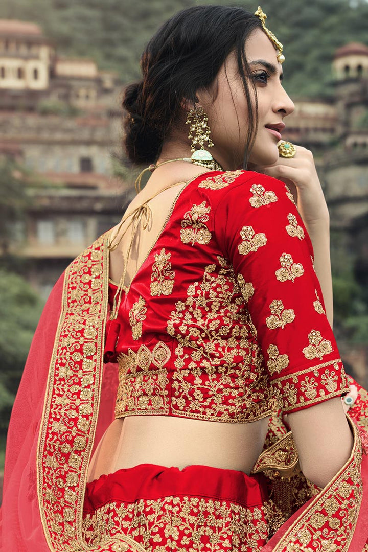 Awesome Red Color Embroidered Satin Wedding Wear Designer Lehenga