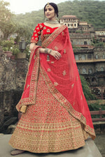 Load image into Gallery viewer, Awesome Red Color Embroidered Satin Wedding Wear Designer Lehenga
