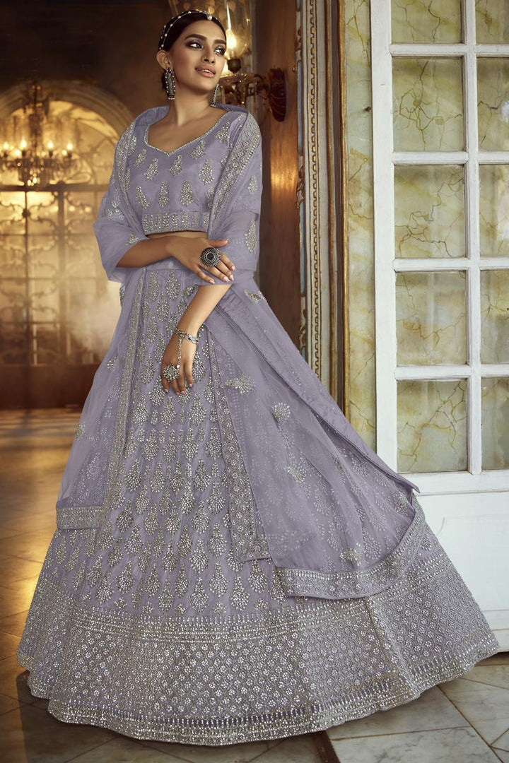 Embroidery Work Occasion Wear Lehenga In Lavender Color