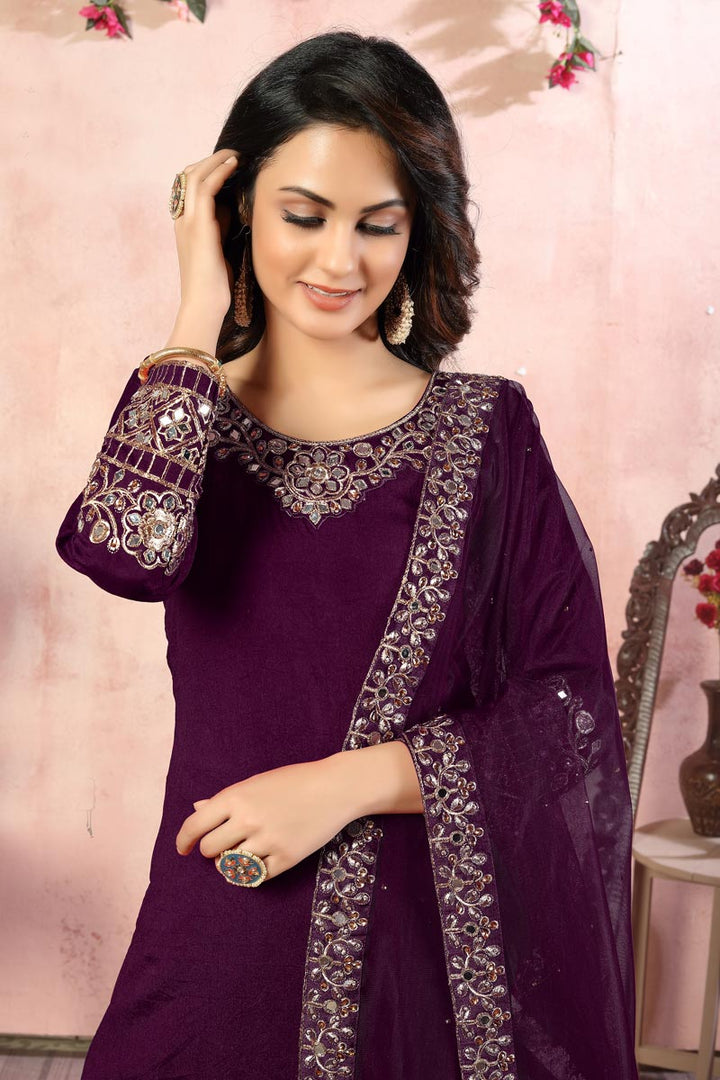 Purple Color Art Silk Fabric Embroidery Work Function Wear Fancy Patiala Salwar Suit