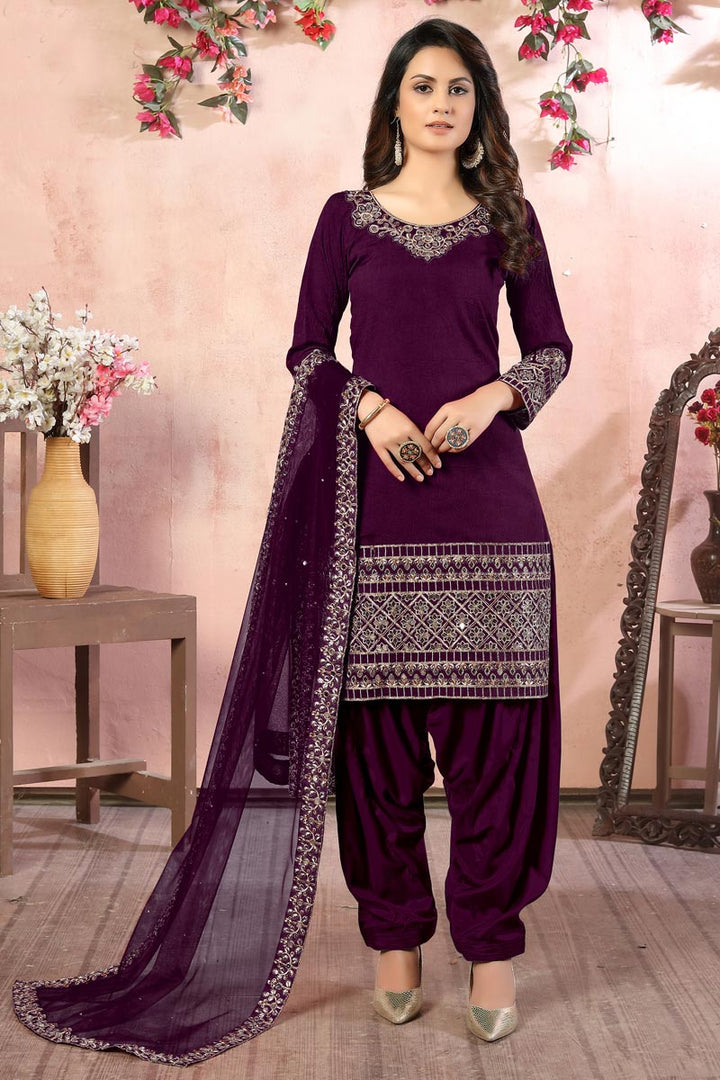 Purple Color Art Silk Fabric Embroidery Work Function Wear Fancy Patiala Salwar Suit