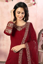 Load image into Gallery viewer, Embroidery Work Sangeet Wear Stylish Patiala Suit In Maroon Color Art Silk Fabric
