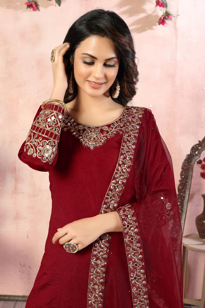 Embroidery Work Sangeet Wear Stylish Patiala Suit In Maroon Color Art Silk Fabric