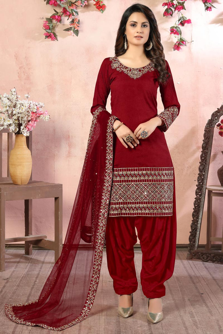 Embroidery Work Sangeet Wear Stylish Patiala Suit In Maroon Color Art Silk Fabric