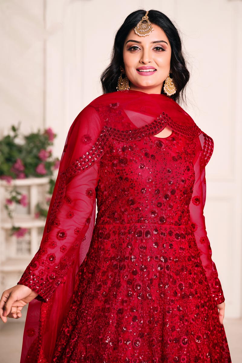 Embroidery Work Sangeet Wear Stylish Anarkali Suit In Red Color Net Fabric