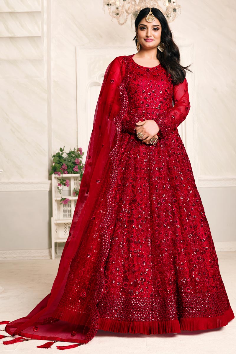 Embroidery Work Sangeet Wear Stylish Anarkali Suit In Red Color Net Fabric