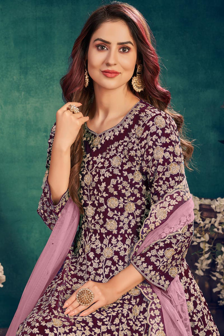 Art Silk Fabric Purple Color Function Wear Embroidered Anarkali Suit