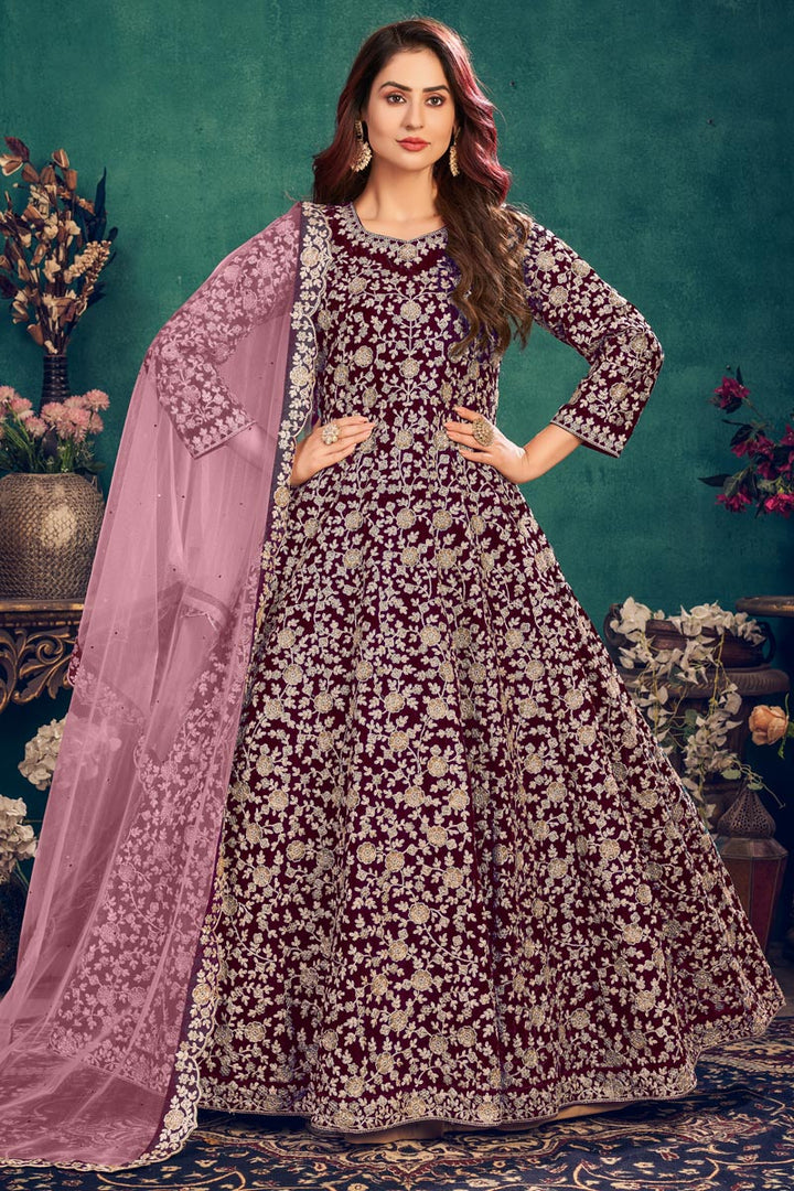 Art Silk Fabric Purple Color Function Wear Embroidered Anarkali Suit