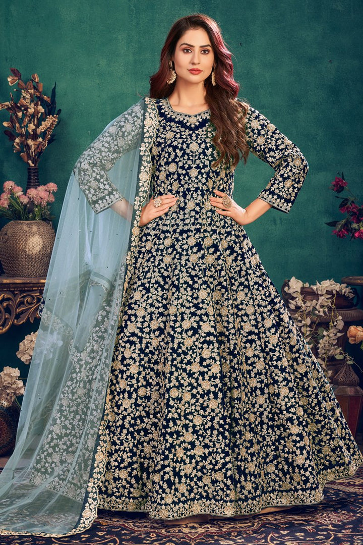 Navy Blue Color Function Wear Embroidered Art Silk Fabric Anarkali Salwar Suit