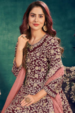 Load image into Gallery viewer, Maroon Color Festive Wear Embroidered Art Silk Fabric Anarkali Dress
