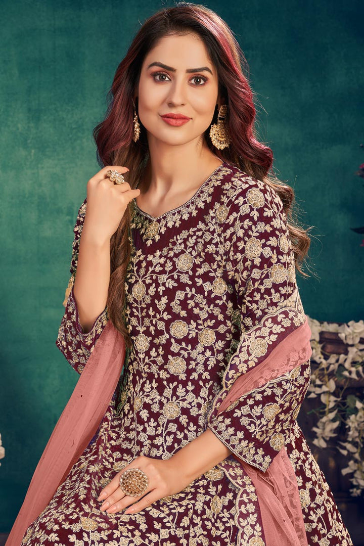 Maroon Color Festive Wear Embroidered Art Silk Fabric Anarkali Dress