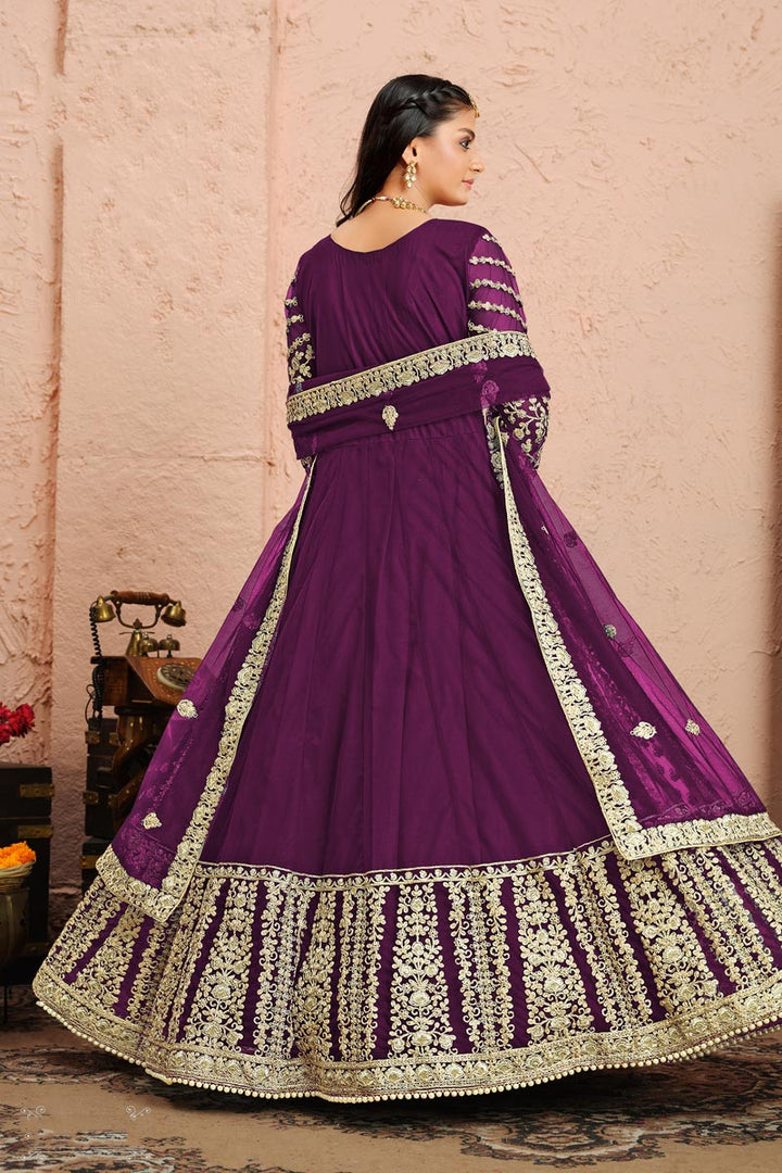 Reception Wear Net Fabric Purple Color Embroidered Designer Anarkali Suit