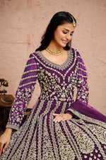 Load image into Gallery viewer, Reception Wear Net Fabric Purple Color Embroidered Designer Anarkali Suit
