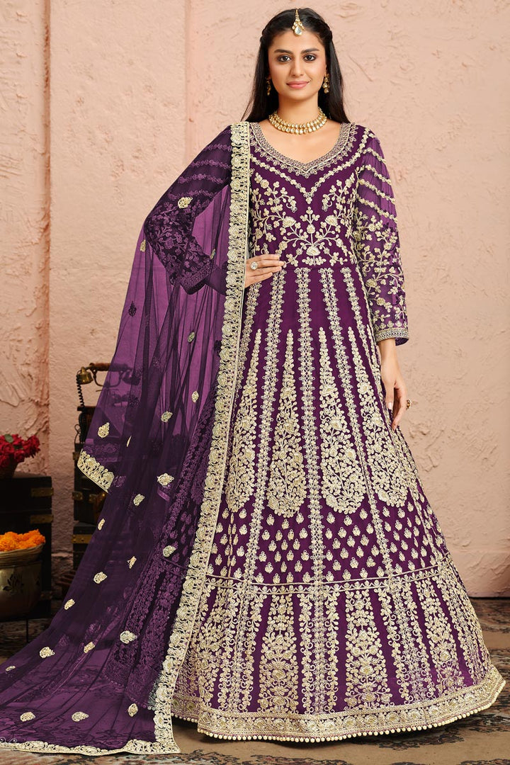 Reception Wear Net Fabric Purple Color Embroidered Designer Anarkali Suit