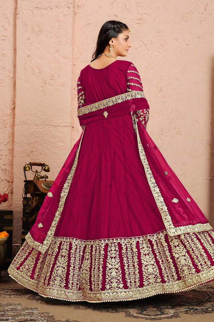 Net Fabric Embroidered Festive Wear Designer Anarkali Suit In Maroon Color