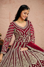 Load image into Gallery viewer, Net Fabric Embroidered Festive Wear Designer Anarkali Suit In Maroon Color
