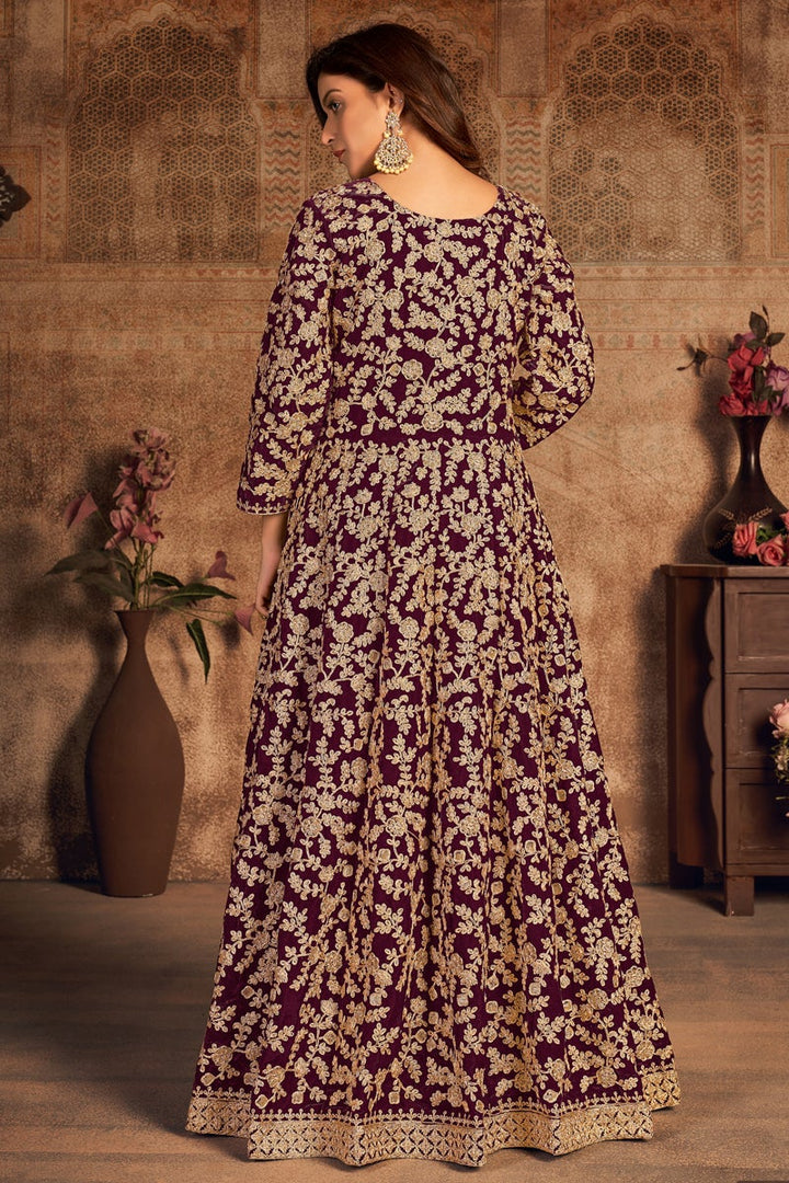 Net Fabric Festive Wear Embroidered Purple Color Anarkali Suit