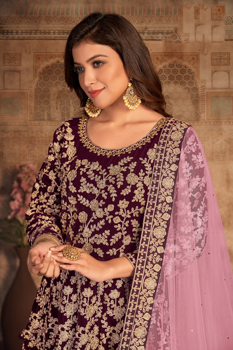 Net Fabric Festive Wear Embroidered Purple Color Anarkali Suit