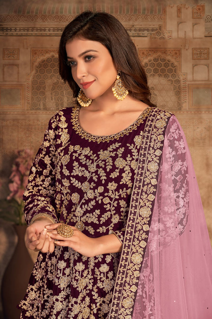 Net Fabric Festive Wear Embroidered Purple Color Anarkali Suit