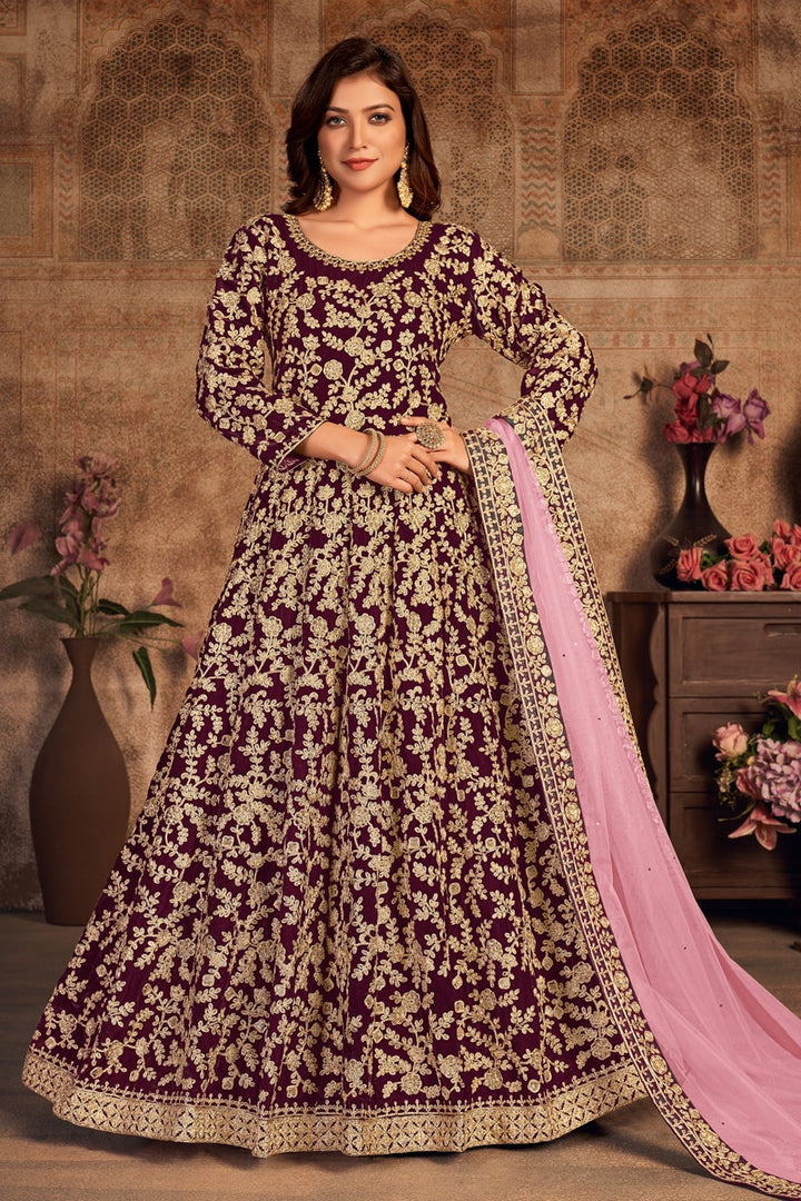 Net Fabric Festive Wear Embroidered Purple Color Anarkali Suit