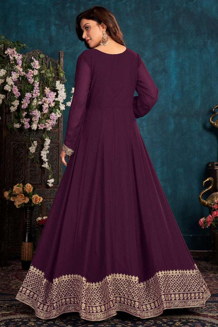Georgette Fabric Festive Wear Embroidered Maroon Color Anarkali Suit