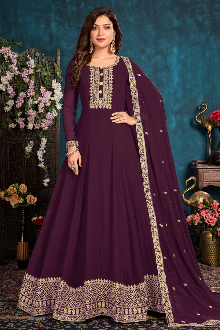 Georgette Fabric Festive Wear Embroidered Maroon Color Anarkali Suit