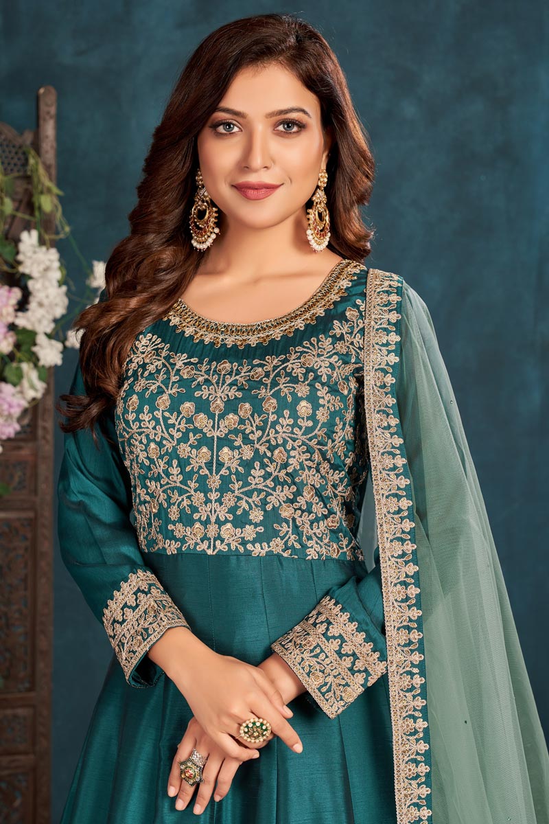 Sangeet Wear Art Sirk Fabric Embroidered Teal Color Anarkali Suit