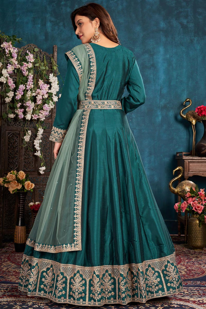 Sangeet Wear Art Sirk Fabric Embroidered Teal Color Anarkali Suit