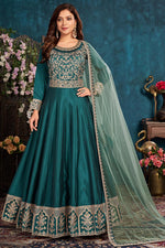 Load image into Gallery viewer, Sangeet Wear Art Sirk Fabric Embroidered Teal Color Anarkali Suit
