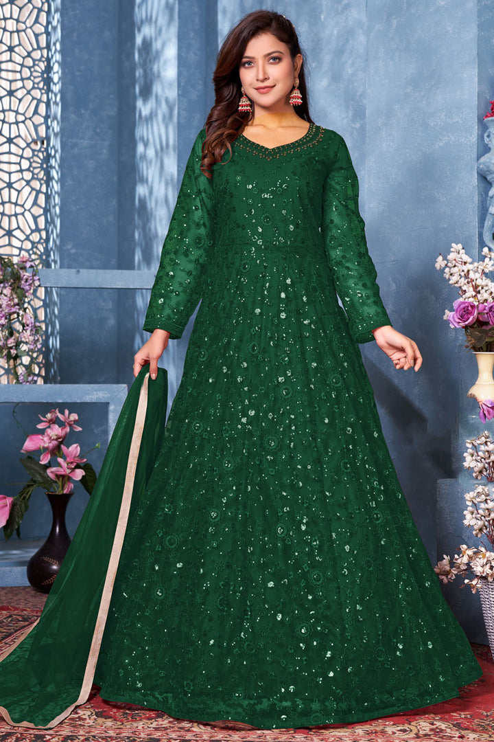 Function Wear Net Fabric Green Color Embroidered Anarkali Dresses