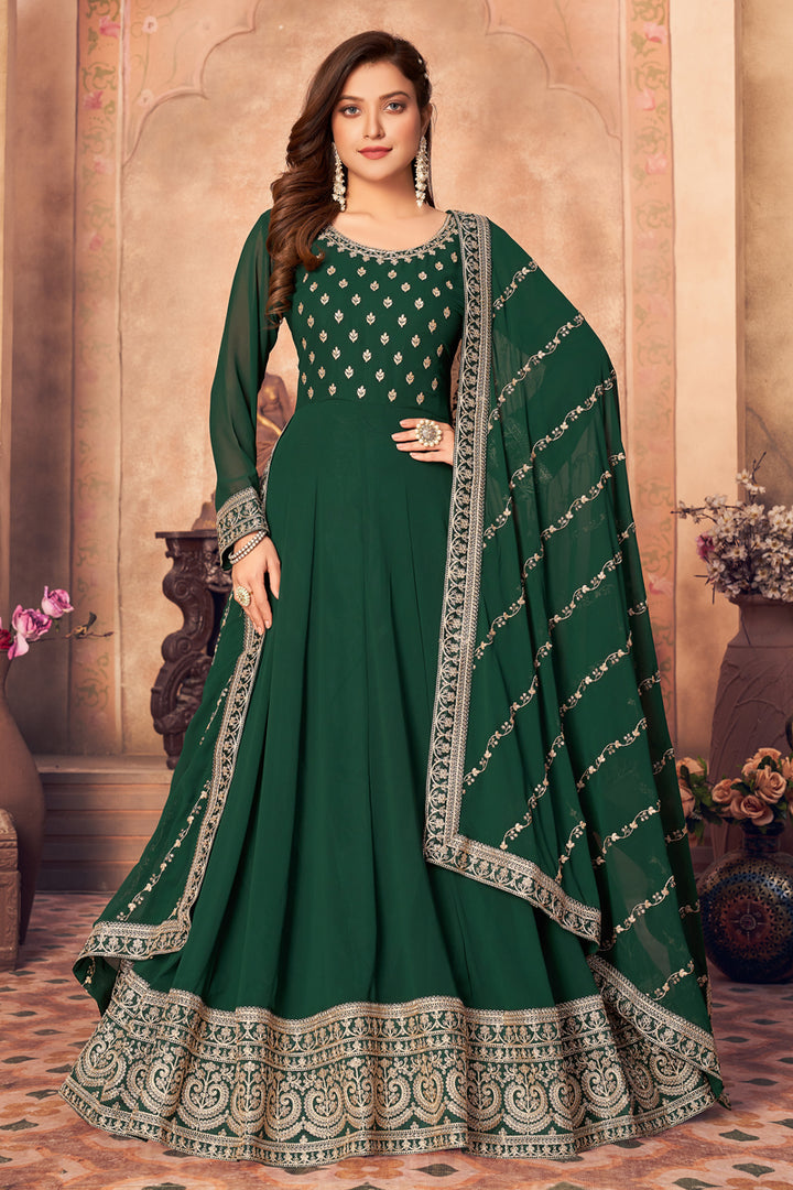 Dark Green Color Georgette Fabric Function Wear Embroidered Beautiful Anarkali Suit