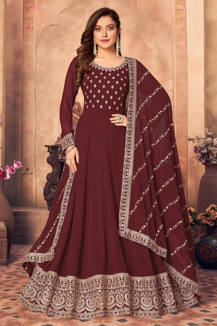 Function Wear Georgette Fabric Embroidered Maroon Color Anarkali Suit