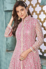 Load image into Gallery viewer, Net Fabric Pink Color Embroidered Work Vintage Anarkali Suit In Function Wear
