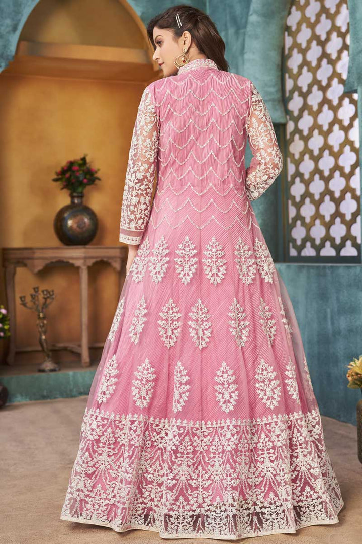 Net Fabric Pink Color Embroidered Work Vintage Anarkali Suit In Function Wear