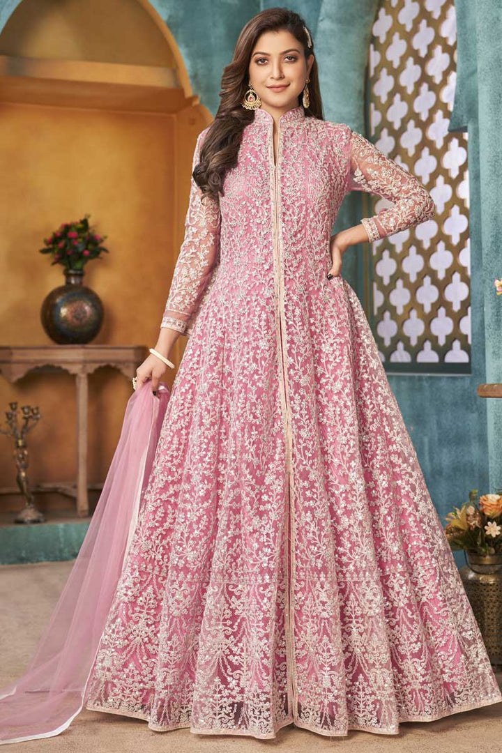 Net Fabric Pink Color Embroidered Work Vintage Anarkali Suit In Function Wear