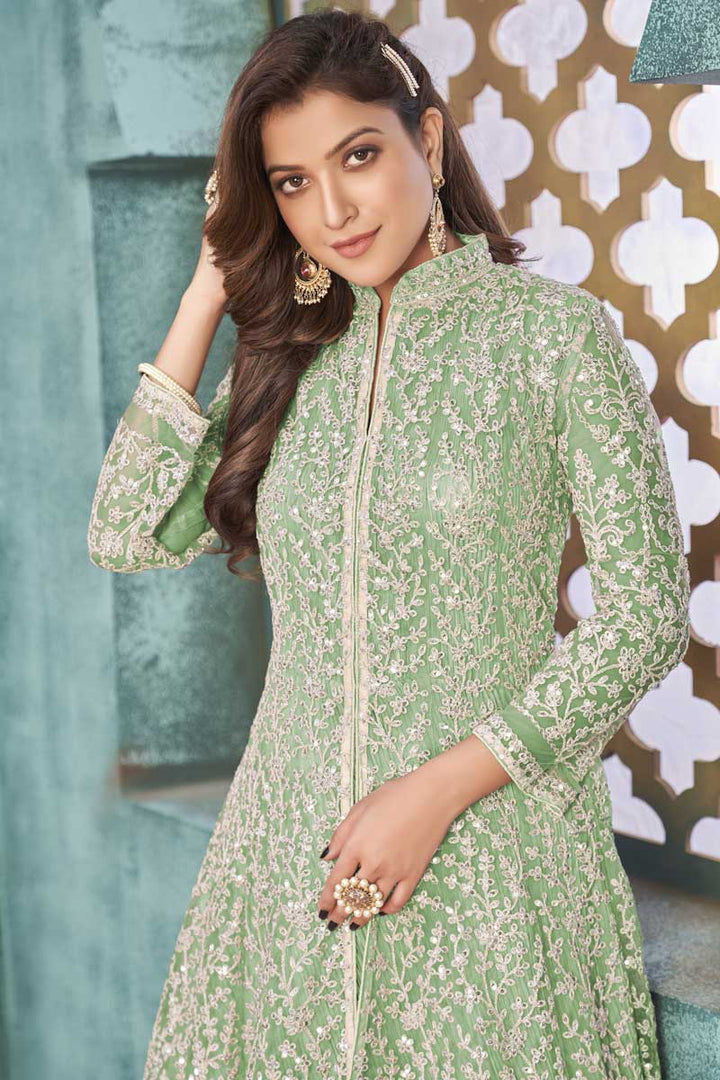 Stunning Sea Green Color Function Wear Embroidered Anarkali Suit In Net Fabric