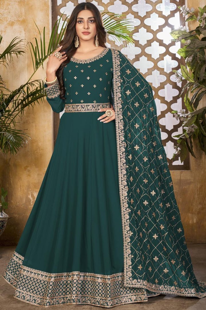 Beauteous Teal Color Georgette Fabric Embroidered Work Anarkali Suit
