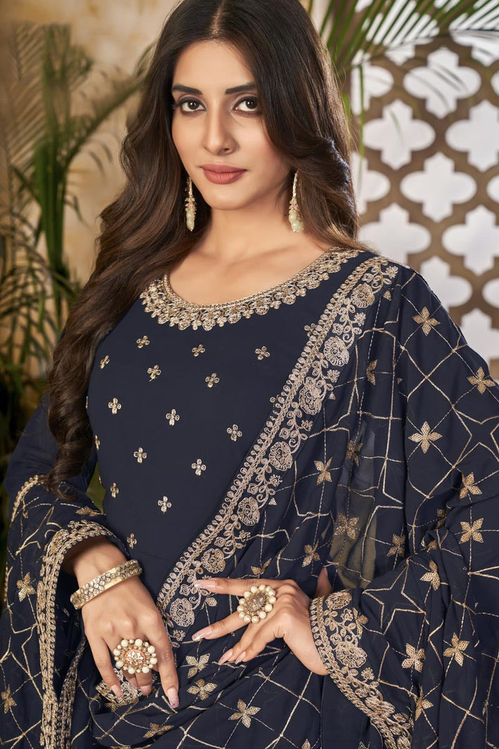 Embroidered Work Navy Blue Color Georgette Fabric Admirable Anarkali Suit