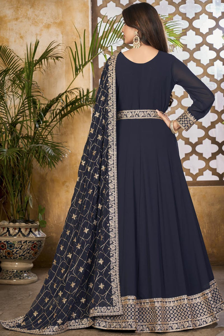 Embroidered Work Navy Blue Color Georgette Fabric Admirable Anarkali Suit