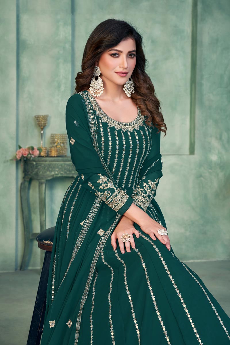 Embroidered Teal Color Wedding Wear Anarkali Salwar Suit In Georgette Fabric