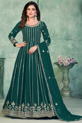 Embroidered Teal Color Wedding Wear Anarkali Salwar Suit In Georgette Fabric