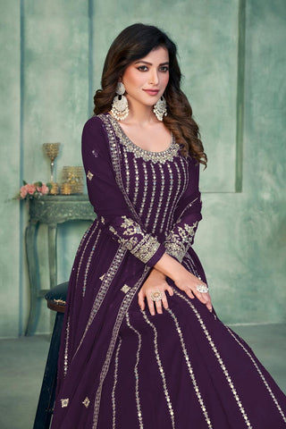 Georgette Fabric Reception Wear Embroidered Anarkali Salwar Kameez In Purple Color