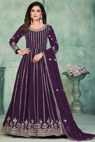 Georgette Fabric Reception Wear Embroidered Anarkali Salwar Kameez In Purple Color