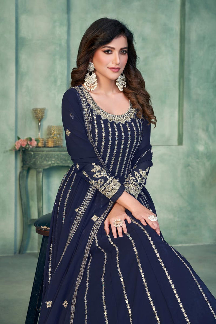 Navy Blue Color Georgette Fabric Fancy Embroidered Function Wear Anarkali Salwar Suit