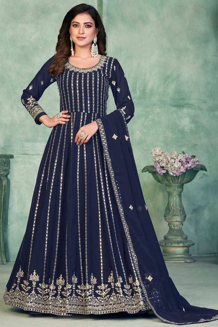 Navy Blue Color Georgette Fabric Fancy Embroidered Function Wear Anarkali Salwar Suit