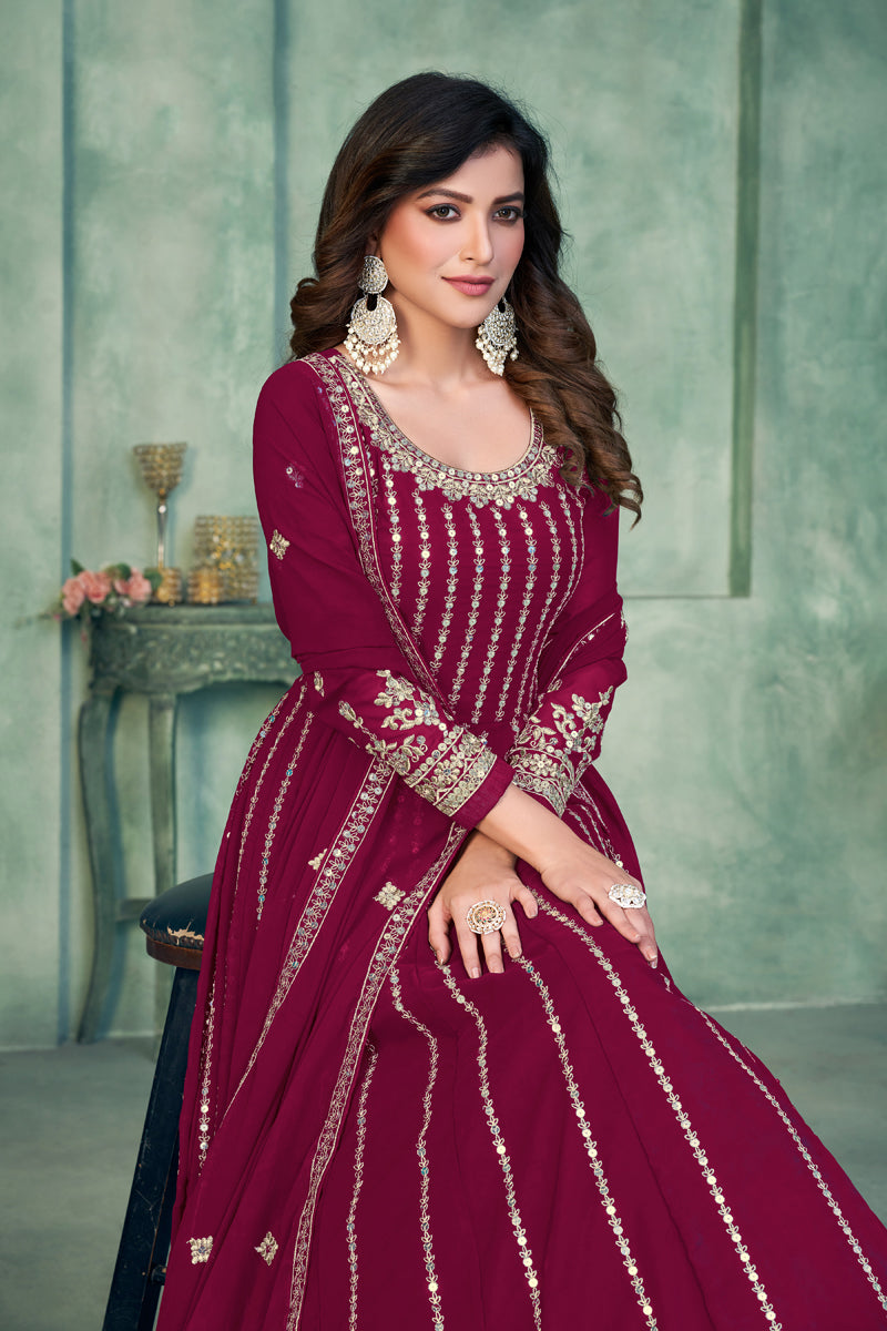 Georgette Fabric Rani Color Festive Wear Embroidered Anarkali Salwar Kameez