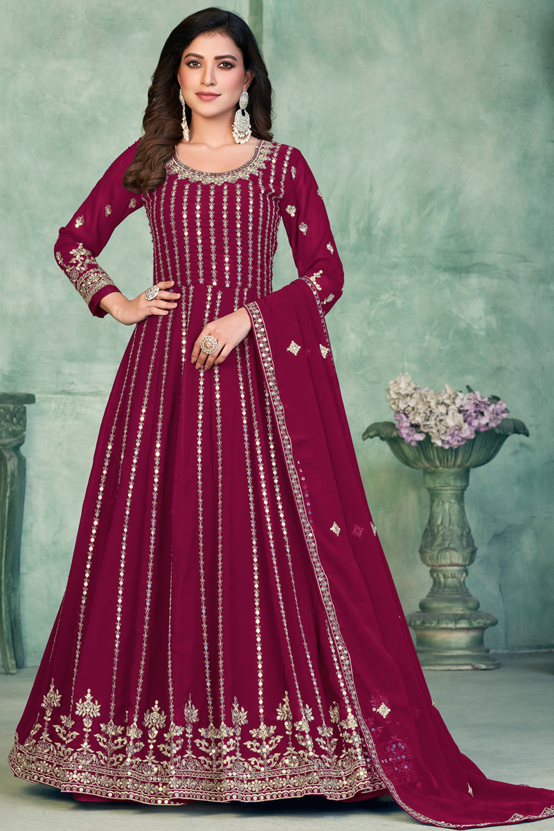 Georgette Fabric Rani Color Festive Wear Embroidered Anarkali Salwar Kameez