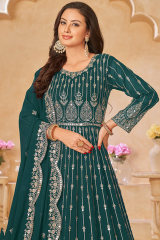 Teal Color Embroidered Long Anarkali Salwar Suit In Georgette Fabric