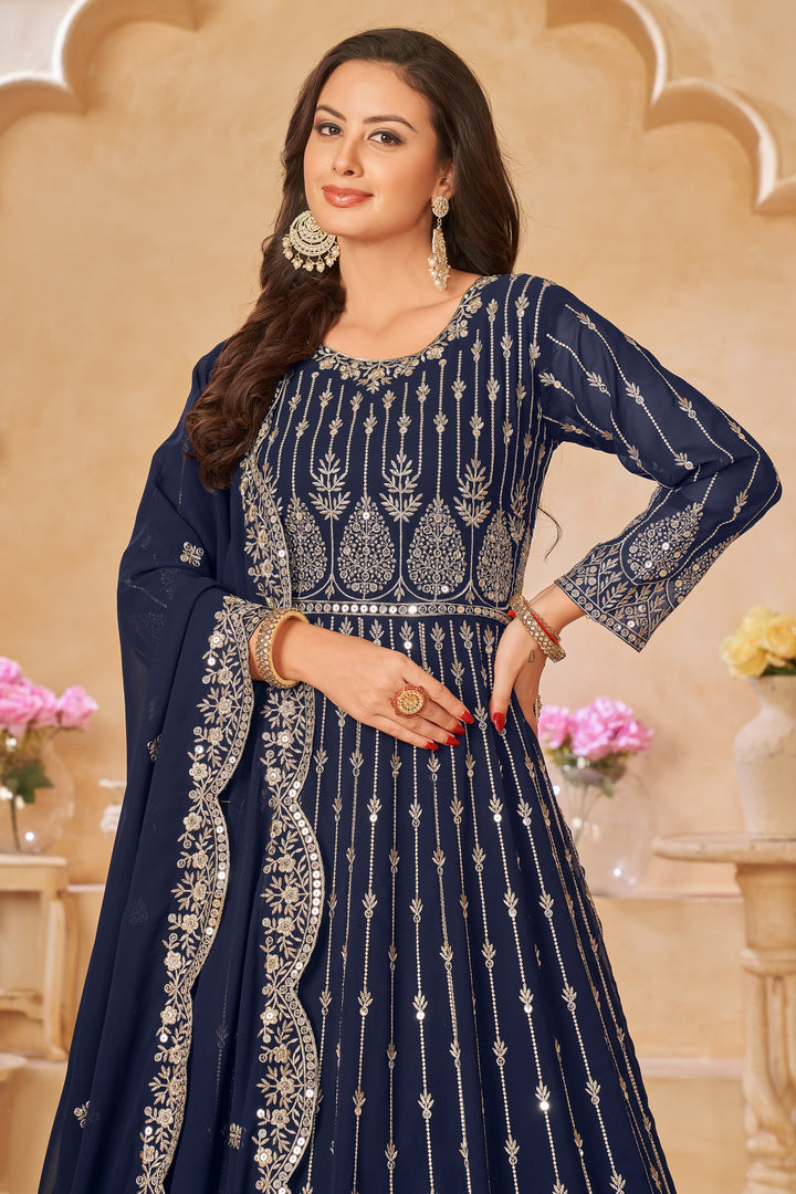 Georgette Fabric Embroidered Function Wear Long Anarkali Salwar Kameez In Blue Color