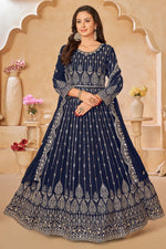 Load image into Gallery viewer, Georgette Fabric Embroidered Function Wear Long Anarkali Salwar Kameez In Blue Color
